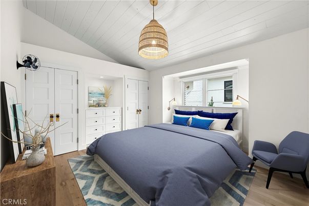 Bedroom, Interior, Pendant Lights, Wood Texture Flooring