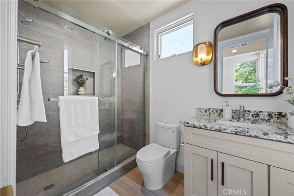 Bathroom, Glass Shower, Interior, Wood Texture Flooring