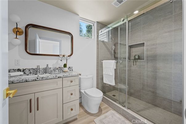 Bathroom, Glass Shower, Interior, Recessed Lighting, Wood Texture Flooring