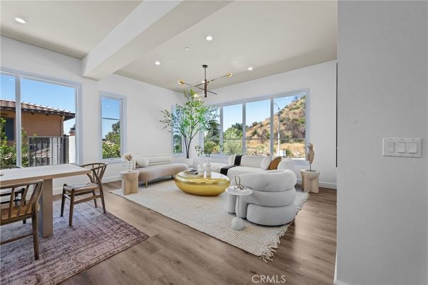 Dining room, Interior, Living room, Pendant Lights, Recessed Lighting, Wood Texture Flooring