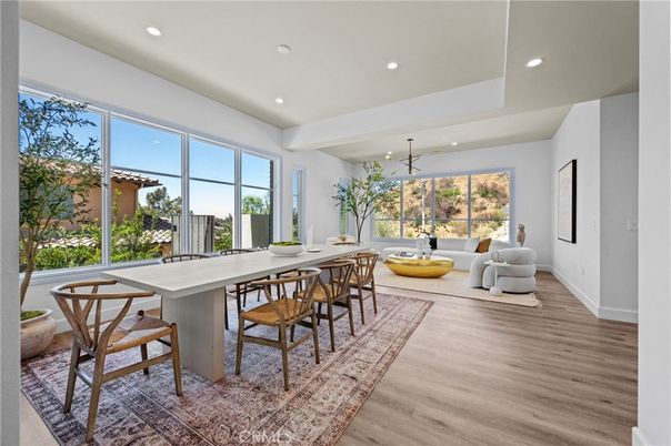 Dining room, Interior, Pendant Lights, Recessed Lighting, Wood Texture Flooring