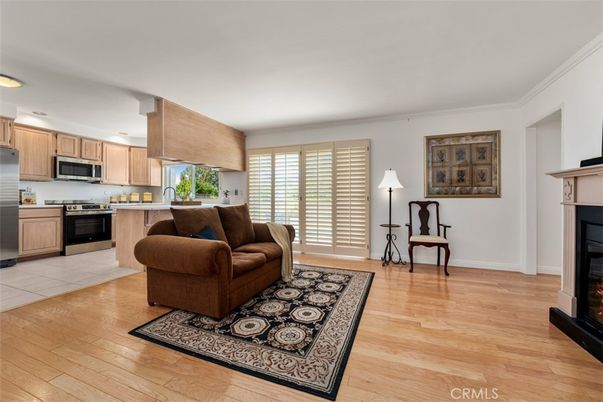 Fireplace, Interior, Kitchen, Stainless Steel Appliances, Wood Texture Flooring
