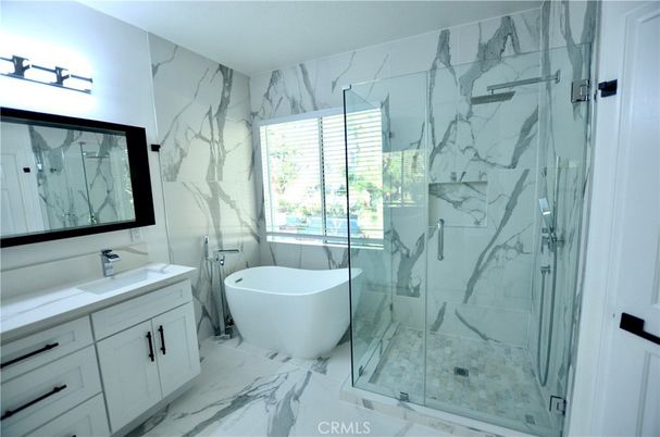 Bathroom, Free Standing Baths, Glass Shower, Interior, Marble, Marble Walls