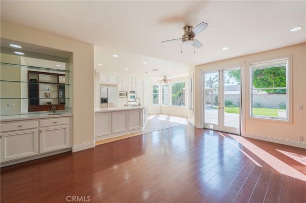 Empty room, Interior, Kitchen, Recessed Lighting, Wood Texture Flooring