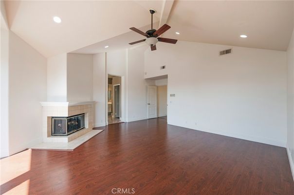Empty room, Fireplace, Interior, Recessed Lighting, Wood Texture Flooring
