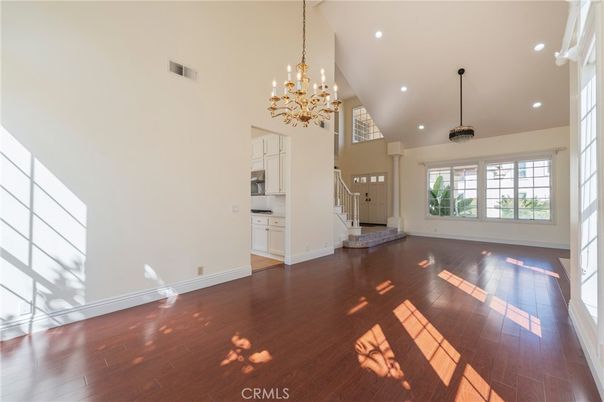 Chandelier, Empty room, Interior, Pendant Lights, Recessed Lighting, Wood Texture Flooring
