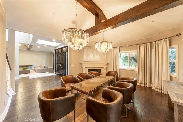 Chandelier, Dining room, Fireplace, Interior, Recessed Lighting, Wooden Beams, Wood Texture Flooring