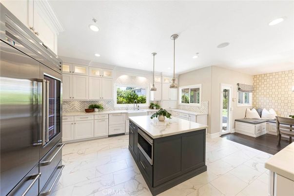 Interior, Kitchen, Marble, Pendant Lights, Recessed Lighting, Stainless Steel Appliances