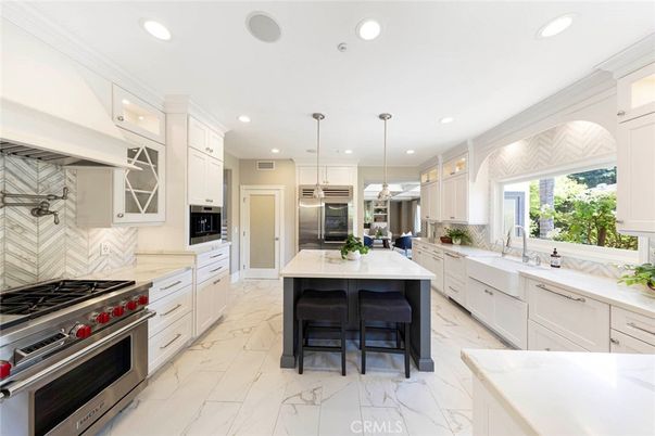 Interior, Kitchen, Marble, Pendant Lights, Recessed Lighting, Stainless Steel Appliances