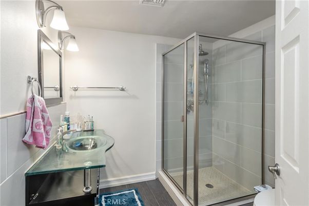 Bathroom, Glass Shower, Interior, Wood Texture Flooring
