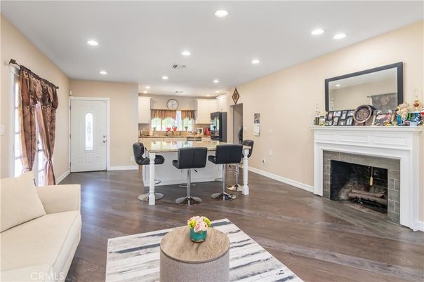 Fireplace, Interior, Kitchen, Recessed Lighting, Wood Texture Flooring