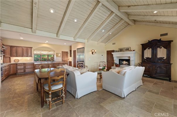 Fireplace, Interior, Kitchen, Living room, Recessed Lighting, Wooden Ceilings