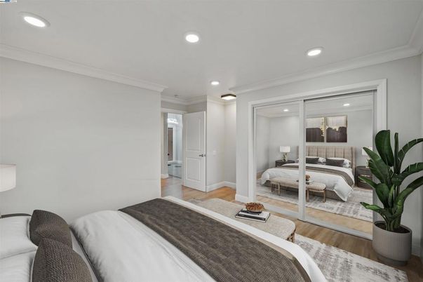 Bedroom, Interior, Recessed Lighting, Wood Texture Flooring