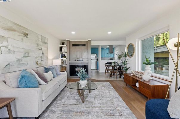 Dining room, Fireplace, Interior, Kitchen, Living room, Recessed Lighting, Wood Texture Flooring