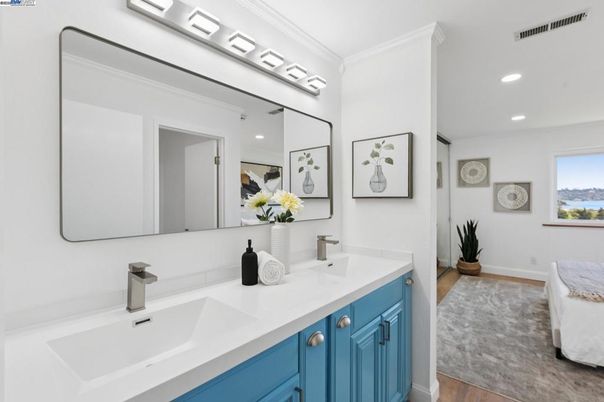 Bathroom, Dual Sink Vanities, Interior, Recessed Lighting, Wood Texture Flooring