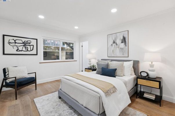 Bedroom, Interior, Recessed Lighting, Wood Texture Flooring