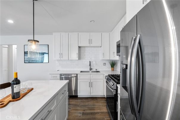 Interior, Kitchen, Pendant Lights, Recessed Lighting, Stainless Steel Appliances, Wood Texture Flooring