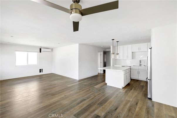 Empty room, Interior, Kitchen, Pendant Lights, Recessed Lighting, Wood Texture Flooring
