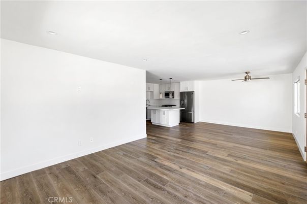 Empty room, Interior, Kitchen, Recessed Lighting, Wood Texture Flooring