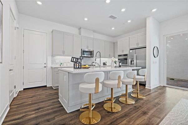 Interior, Kitchen, Recessed Lighting, Stainless Steel Appliances, Wood Texture Flooring