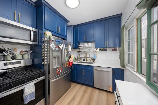 Interior, Kitchen, Recessed Lighting, Stainless Steel Appliances, Wood Texture Flooring