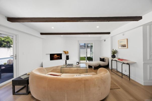 Fireplace, Interior, Living room, Recessed Lighting, Wooden Beams, Wood Texture Flooring