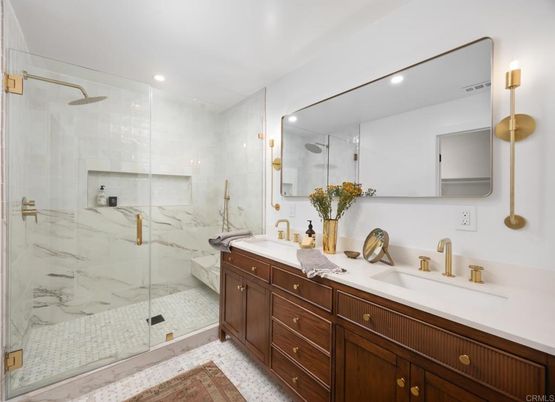 Bathroom, Dual Sink Vanities, Glass Shower, Interior, Marble Walls, Recessed Lighting
