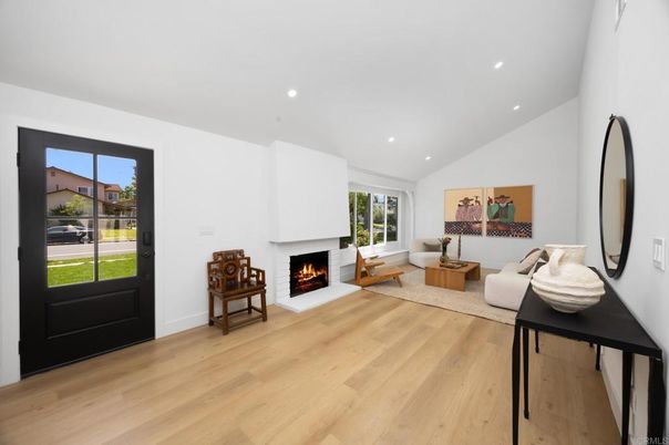 Fireplace, Interior, Living room, Recessed Lighting, Wood Texture Flooring