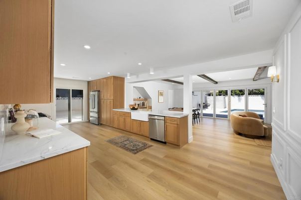 Interior, Kitchen, Recessed Lighting, Stainless Steel Appliances, Wood Texture Flooring