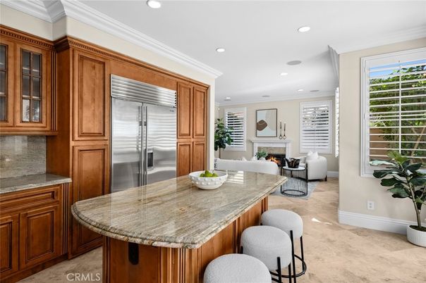 Fireplace, Interior, Kitchen, Living room, Recessed Lighting, Stainless Steel Appliances