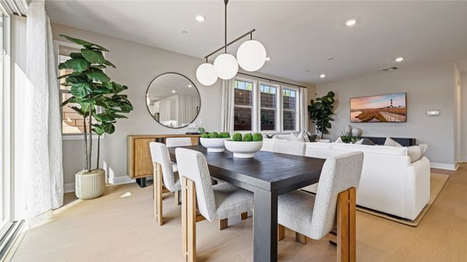 Dining room, Interior, Living room, Pendant Lights, Recessed Lighting, Wood Texture Flooring