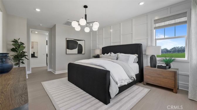 Bedroom, Interior, Pendant Lights, Recessed Lighting, Wood Texture Flooring