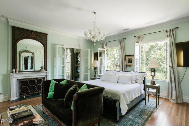 Bedroom, Chandelier, Fireplace, Interior, Wood Texture Flooring