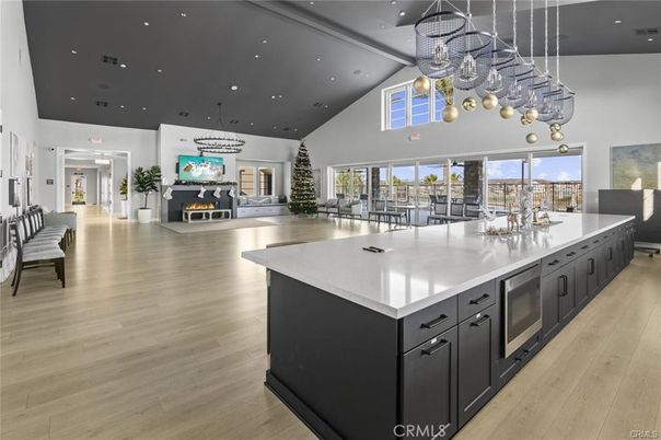 Fireplace, Interior, Kitchen, Pendant Lights, Recessed Lighting, Wood Texture Flooring