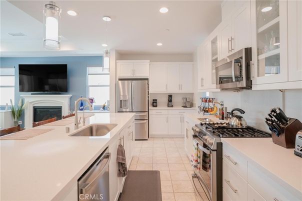 Fireplace, Interior, Kitchen, Recessed Lighting, Stainless Steel Appliances
