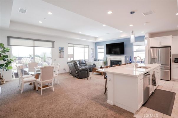 Dining room, Fireplace, Interior, Kitchen, Living room, Pendant Lights, Recessed Lighting, Stainless Steel Appliances