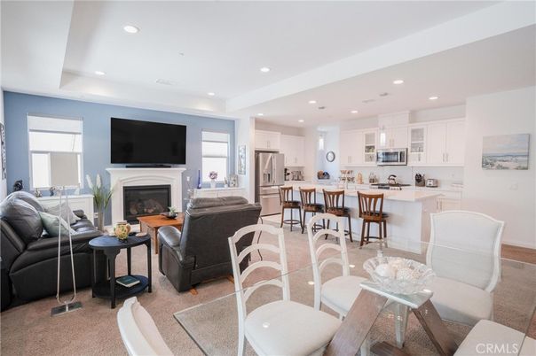 Dining room, Fireplace, Interior, Kitchen, Living room, Recessed Lighting, Stainless Steel Appliances