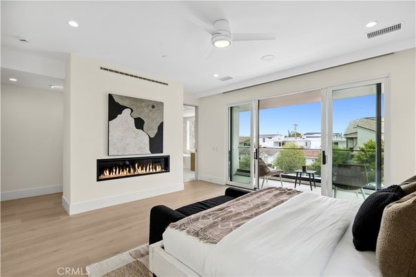 Bedroom, Fireplace, Interior, Recessed Lighting, Wood Texture Flooring