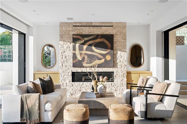 Fireplace, Interior, Living room, Recessed Lighting, Stone Walls
