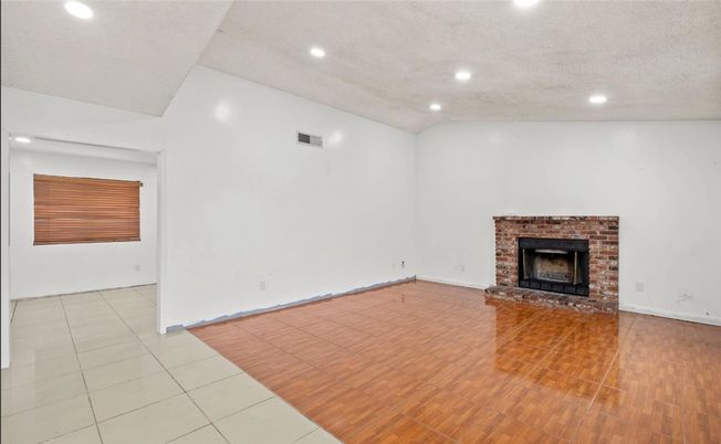 Empty room, Fireplace, Interior, Recessed Lighting, Wood Texture Flooring