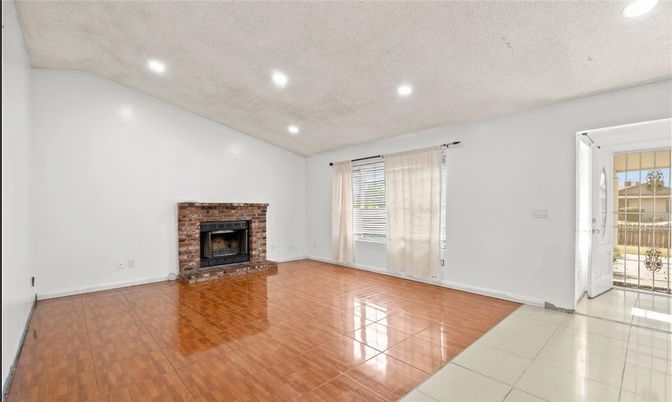 Empty room, Fireplace, Interior, Recessed Lighting, Wood Texture Flooring