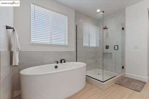 Bathroom, Glass Shower, Interior, Recessed Lighting, Wood Texture Flooring