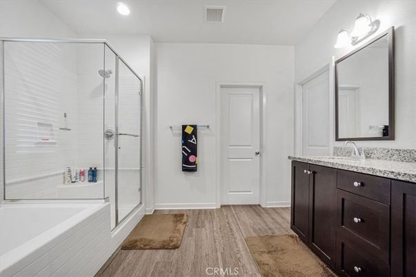 Bathroom, Glass Shower, Interior, Recessed Lighting, Wood Texture Flooring