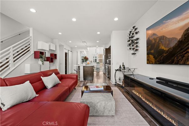 Fireplace, Interior, Kitchen, Living room, Pendant Lights, Recessed Lighting, Wood Texture Flooring