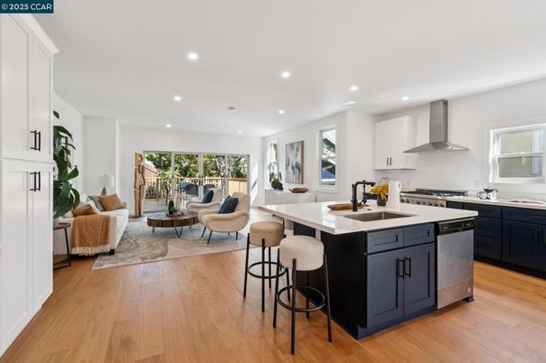 Interior, Kitchen, Living room, Recessed Lighting, Stainless Steel Appliances, Wood Texture Flooring
