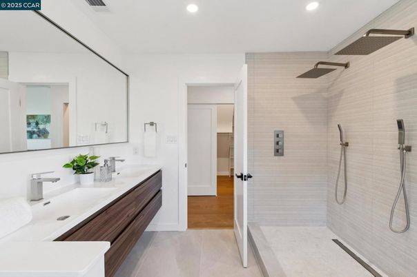 Bathroom, Dual Sink Vanities, Glass Shower, Interior, Recessed Lighting, Wood Texture Flooring