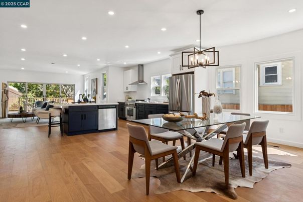Dining room, Interior, Kitchen, Living room, Pendant Lights, Recessed Lighting, Stainless Steel Appliances, Wood Texture Flooring