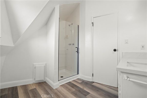 Bathroom, Glass Shower, Interior, Wood Texture Flooring