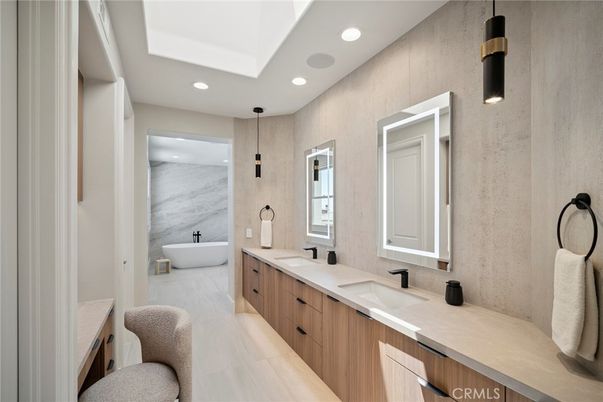 Bathroom, Dual Sink Vanities, Free Standing Baths, Interior, Marble Walls, Recessed Lighting