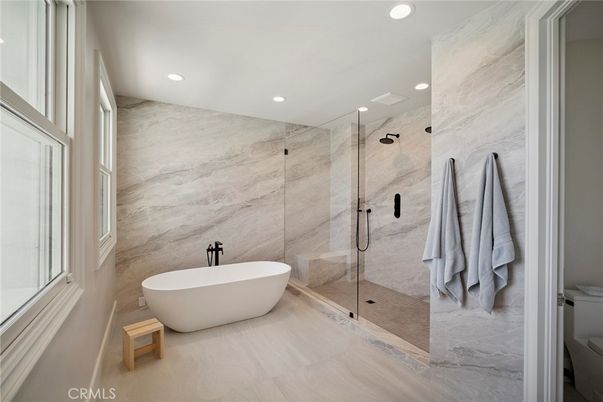 Bathroom, Free Standing Baths, Glass Shower, Interior, Marble Walls, Recessed Lighting